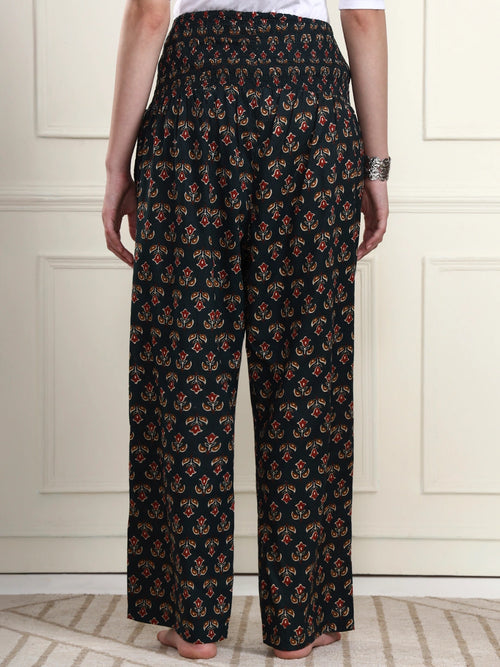 Frempy Bottle Green Floral Motif Pure Cotton Maternity Trousers