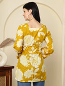 Mustard Yellow Floral Print Lace-Up Pure Cotton Kurti