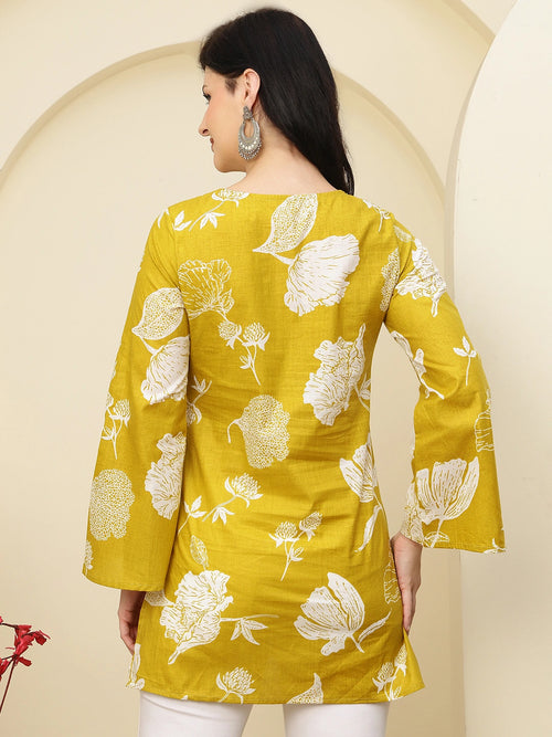 Mustard Floral Bell Sleeve Pure Cotton Short Kurti