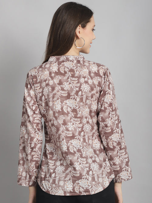 Camel Brown Floral Printed Pure Cotton Top