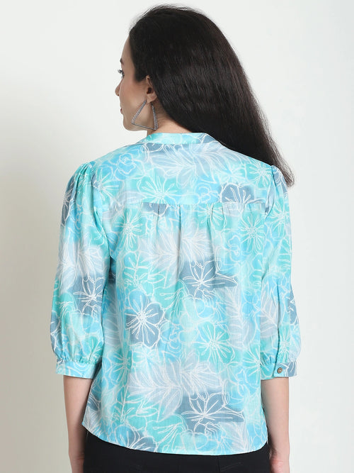 Frempy Women Teal Floral Printed Pure Cotton Top