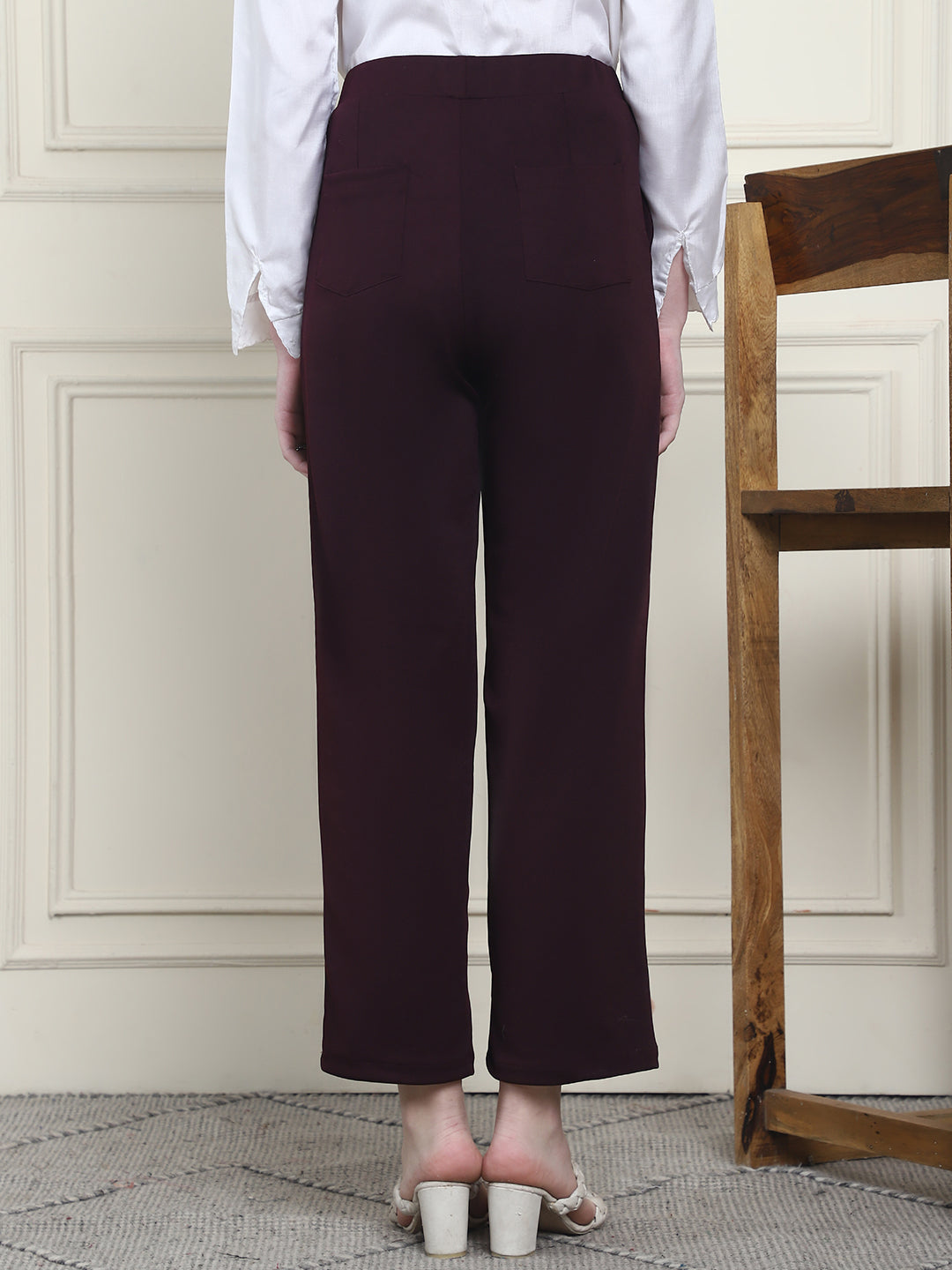 Frempy Women's High-Rise Relaxed Straight Leg Formal Trousers - Maroon