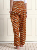 Frempy Rust Brown Floral Print Smocked Waist Pure Cotton Maternity Trousers
