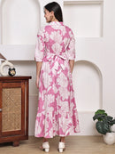 Frempy Women Fit and Flare Pink Floral Printed Maxi/Full Length Dress