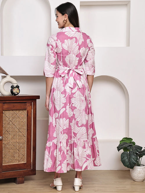 Frempy Women Fit and Flare Pink Floral Printed Maxi/Full Length Dress