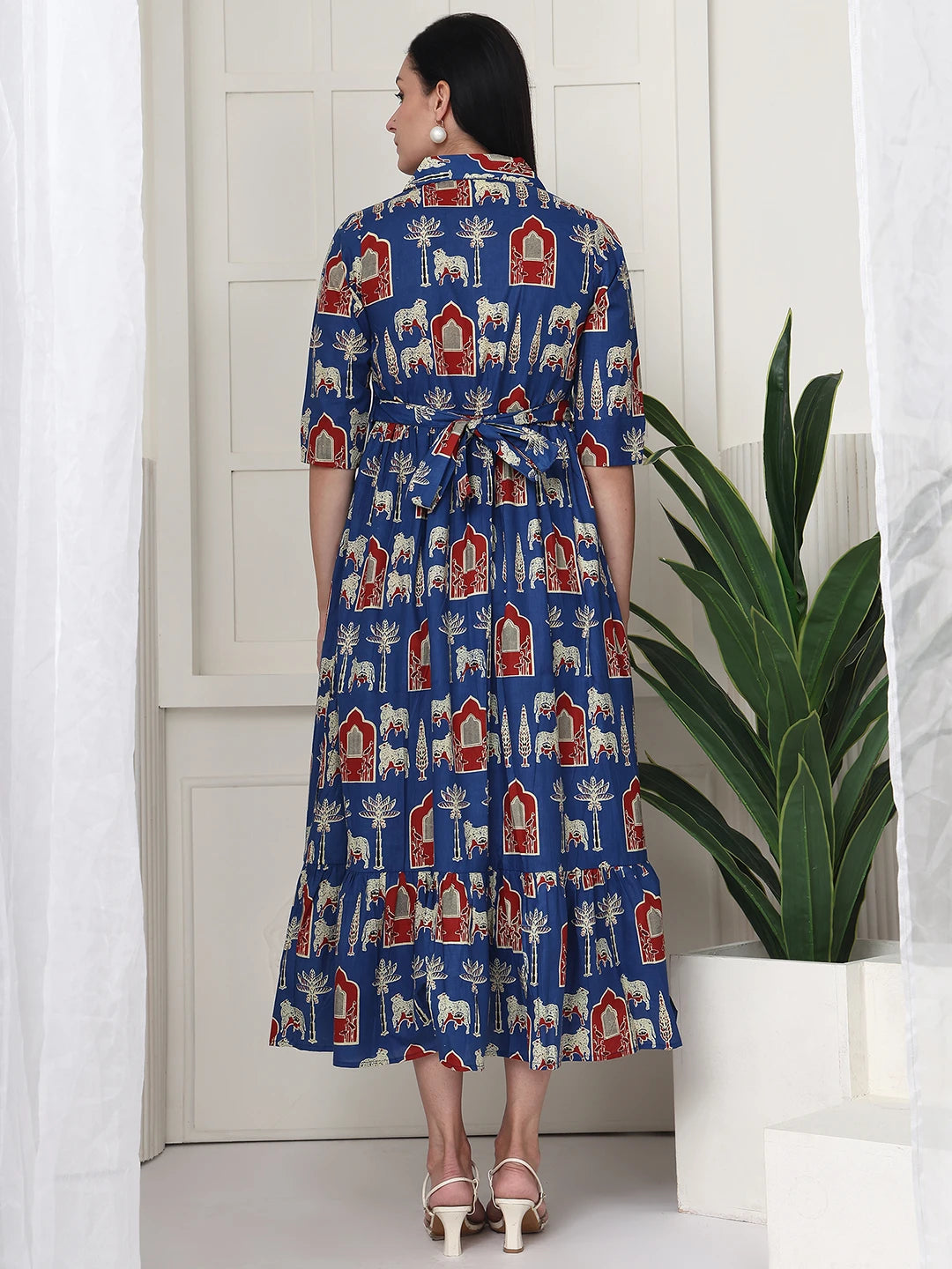 Frempy Women Fit and Flare Blue Printed Maxi/Full Length Maternity Dress