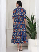 Frempy Women Fit and Flare Blue Printed Maxi/Full Length Maternity Dress