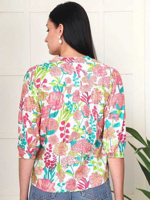 Frempy Women Multicoloured Floral Pure Cotton Top