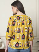 Frempy Women Mustard Yellow Printed Pure Cotton Top