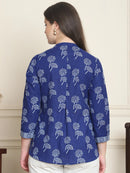 Frempy Women Blue Floral Printed Pure Cotton Top
