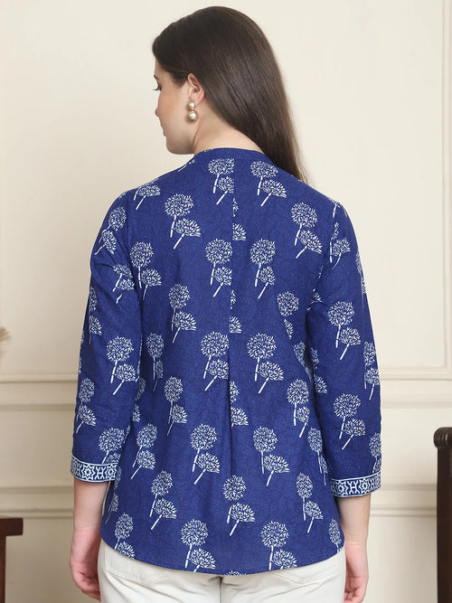 Frempy Women Blue Floral Printed Pure Cotton Top