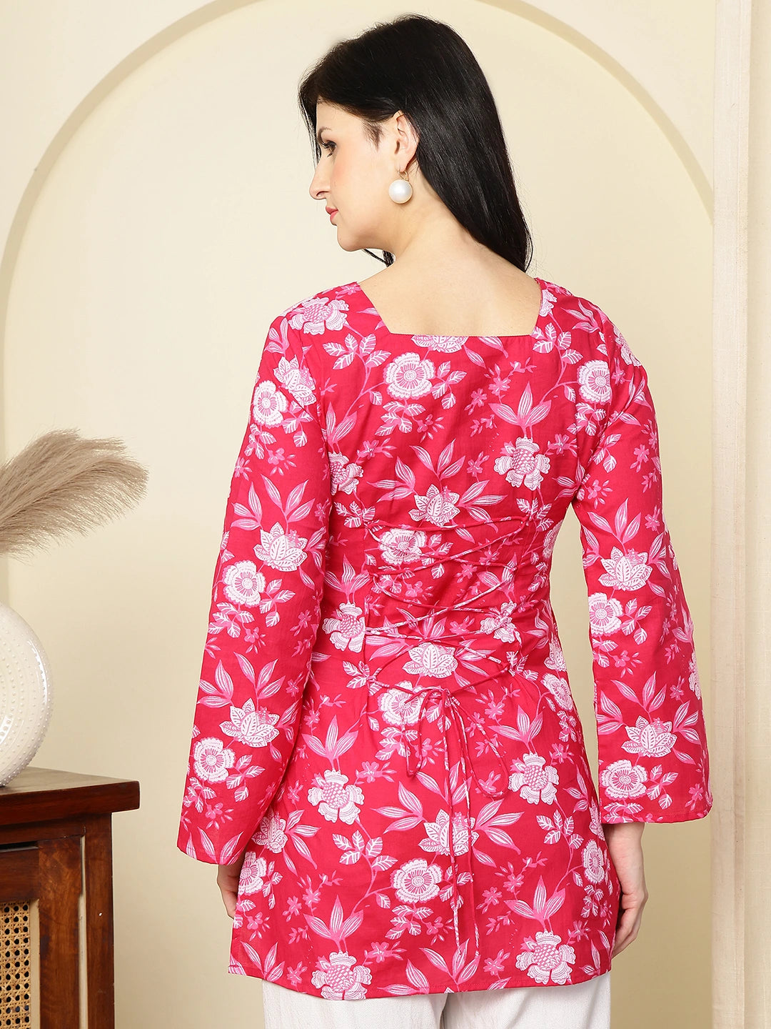 Pink Floral Printed A-Line Pure Cotton Short Kurti