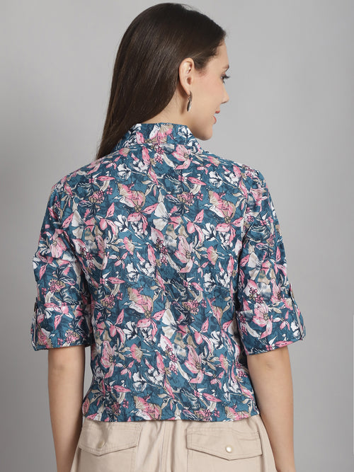 Blue Floral Printed Floral Pure Cotton Top