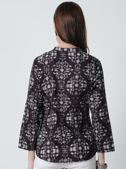 Coffee Brown Floral Printed Mandarin Collar Pure Cotton Top