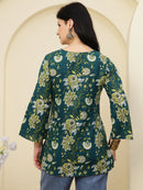 Green Floral Printed Pure Cotton Short Kurti
