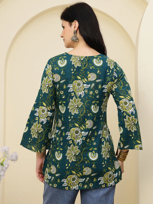 Green Floral Printed Pure Cotton Short Kurti