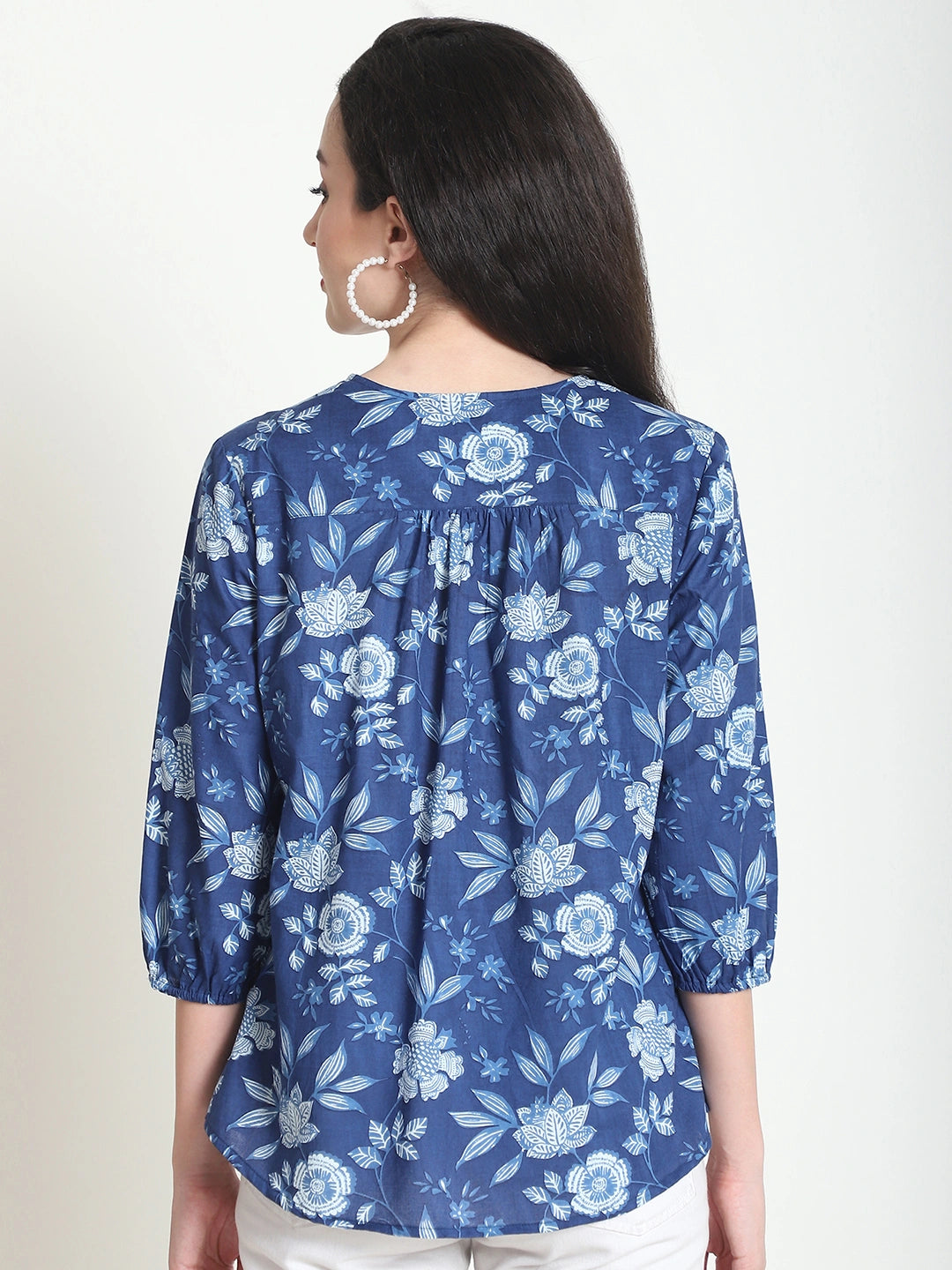 Frempy Women Navy Blue Floral Printed Pure Cotton Top