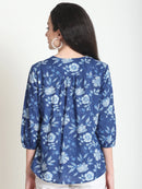 Frempy Women Navy Blue Floral Printed Pure Cotton Top