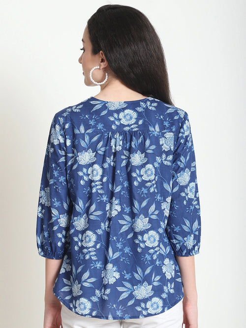 Frempy Women Navy Blue Floral Printed Pure Cotton Top