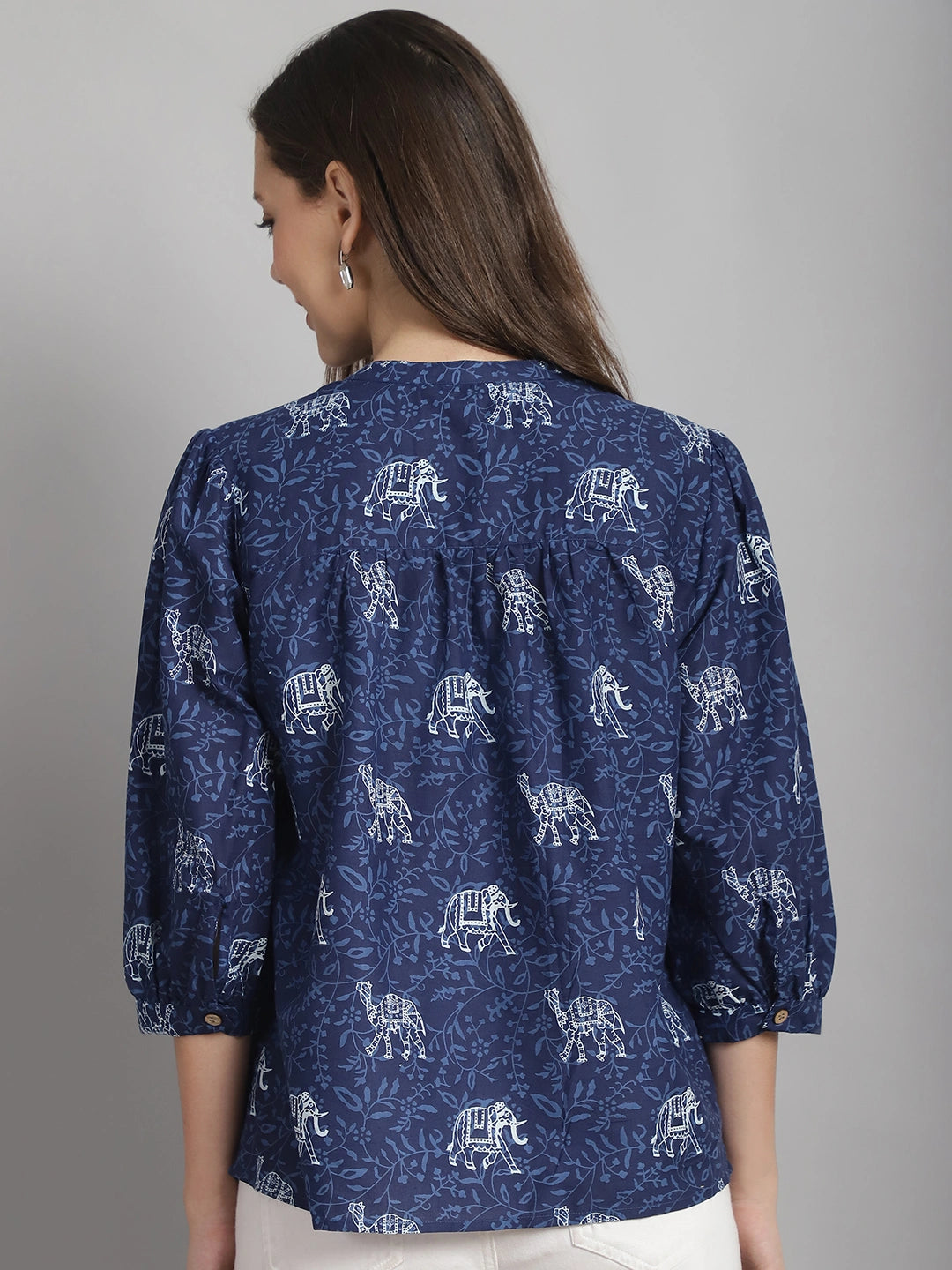 Frempy Women Navy Blue Animal Printed Pure Cotton Top