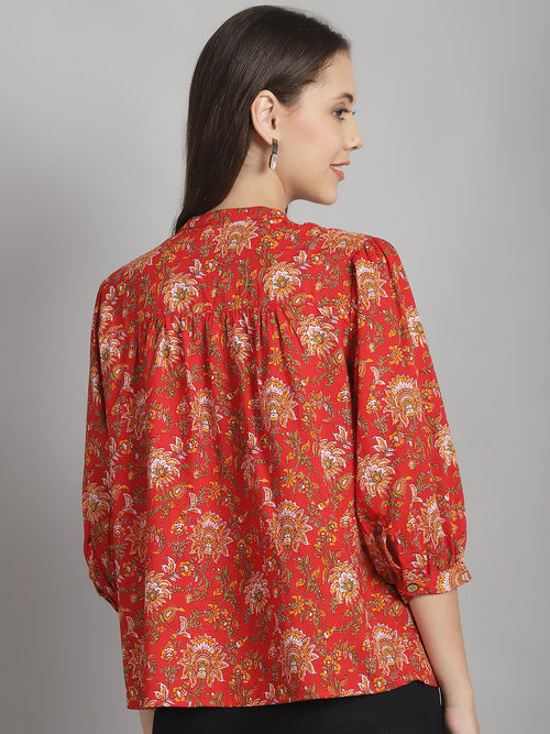 Red Floral Printed Floral Pure Cotton Top