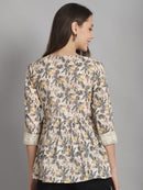 Off White Floral Printed Floral Pure Cotton Top