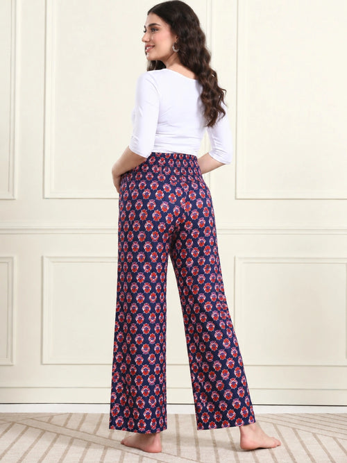 Frempy Black Floral Motif Print Smocked Waist Pure Cotton Maternity Trousers