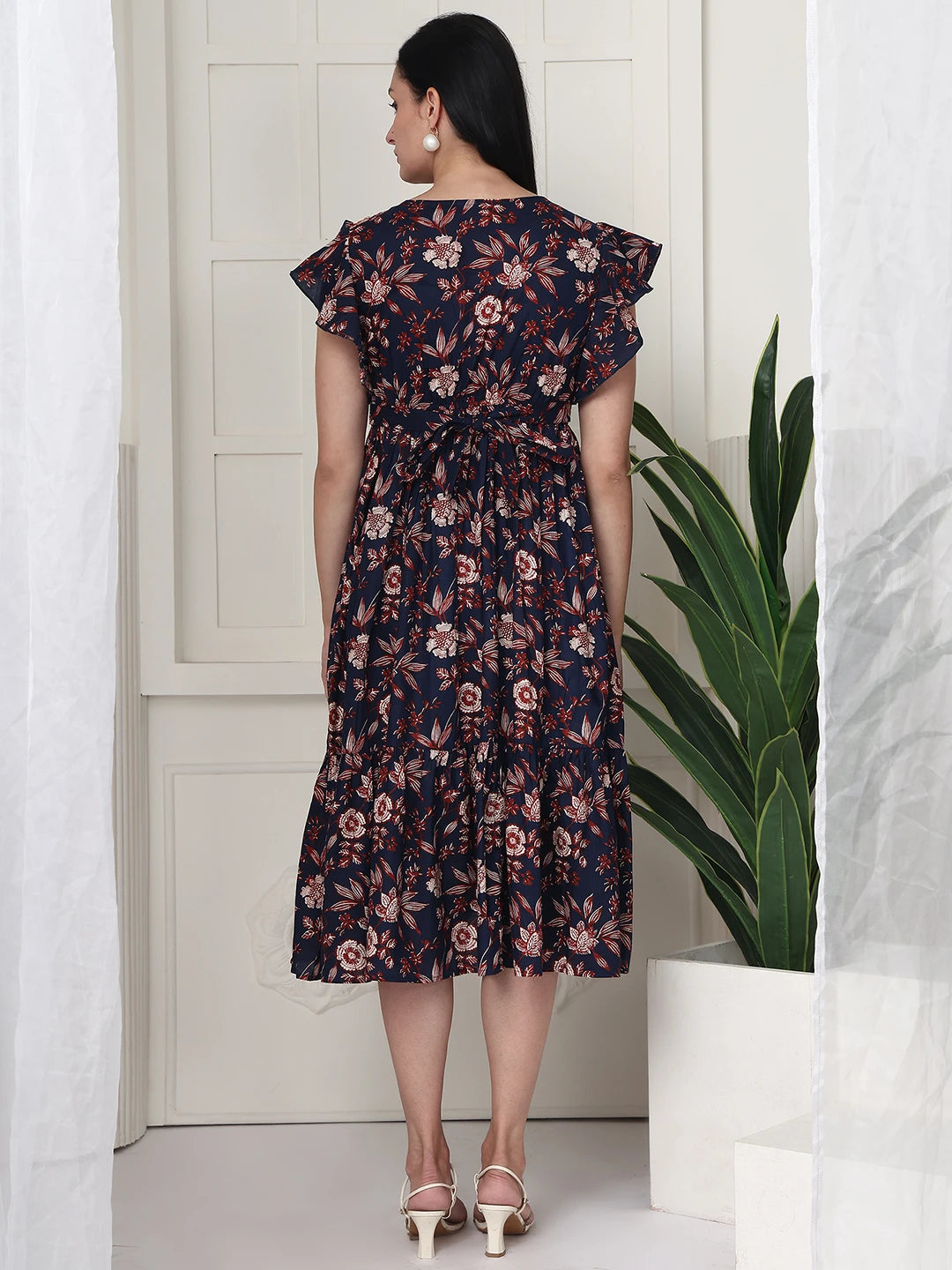 Frempy Women Fit and Flare Navy & Brown Floral Printed Midi Dress