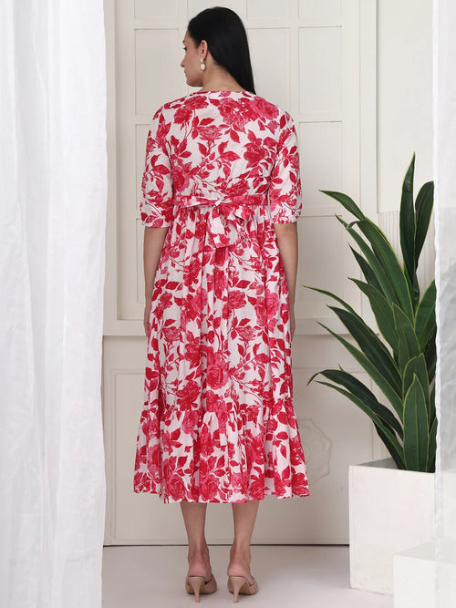 Frempy Women Pink Floral Printed Maternity Dress
