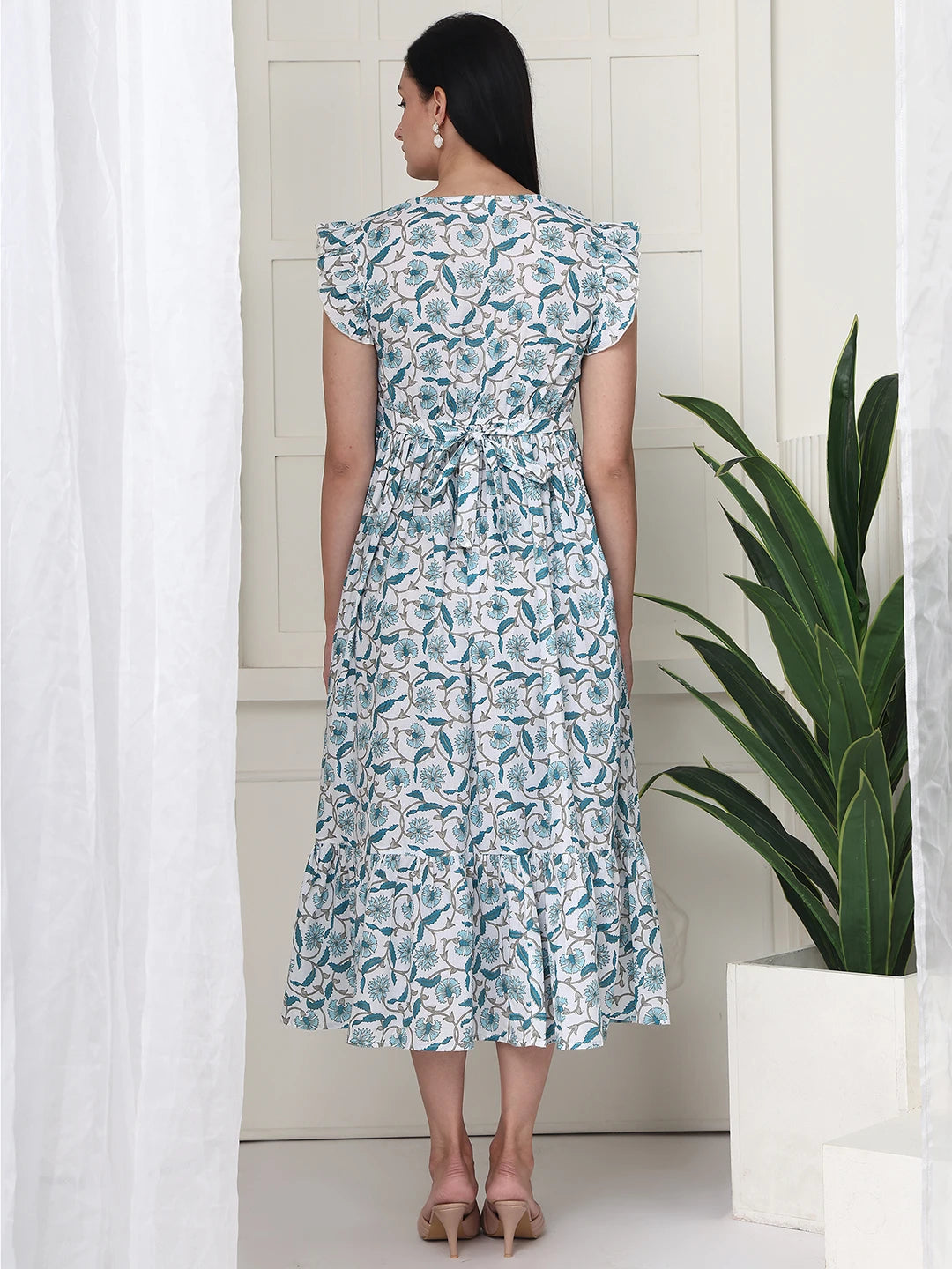 Frempy Women Teal Floral Printed Knee Length Maternity Dress