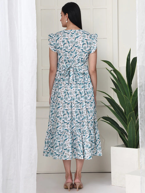 Frempy Women Teal Floral Printed Knee Length Maternity Dress