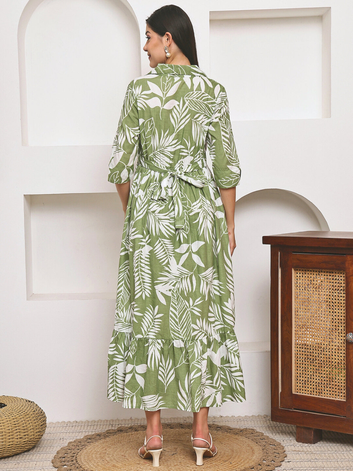 Frempy Women Fit and Flare Green Floral Printed Maxi/Full Length Dress