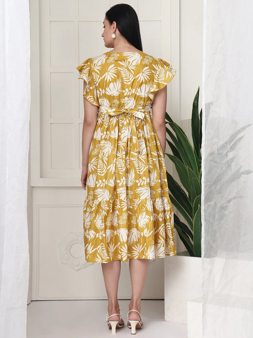 Frempy Women Yellow Floral Printed Maternity Midi Dress