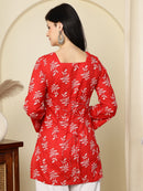 Red Leaf Printed  Lace-Up Back Pure Cotton Short Kurti