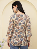 Cream Floral Printed V-Neck Pure Cotton Short Kurti