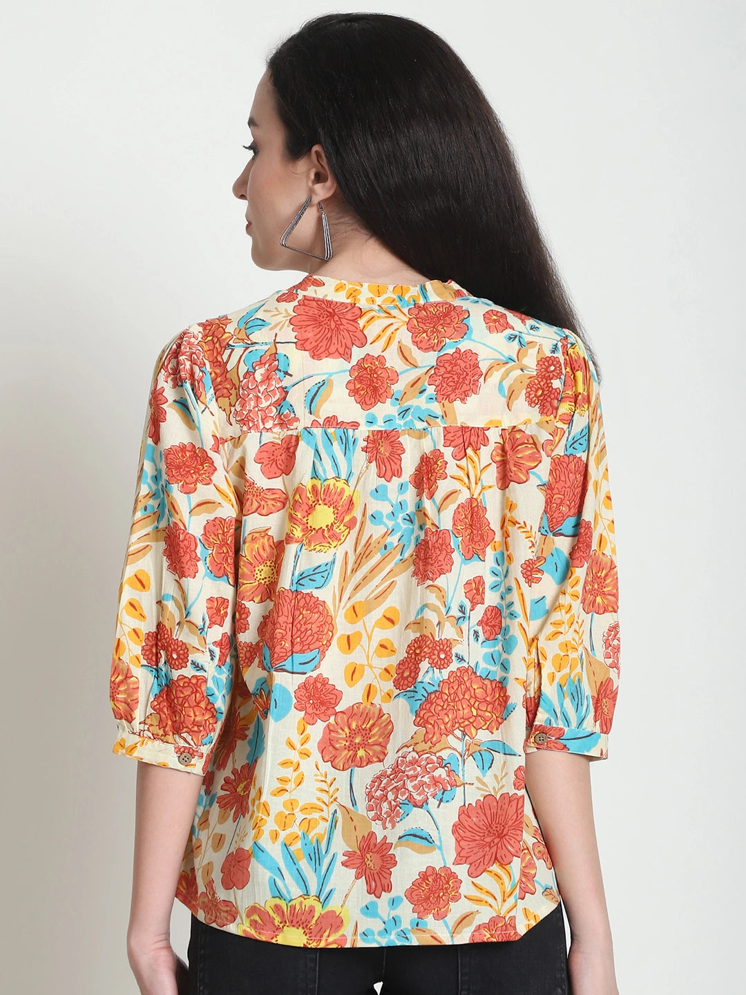 Frempy Women Blue Floral Printed Pure Cotton Top