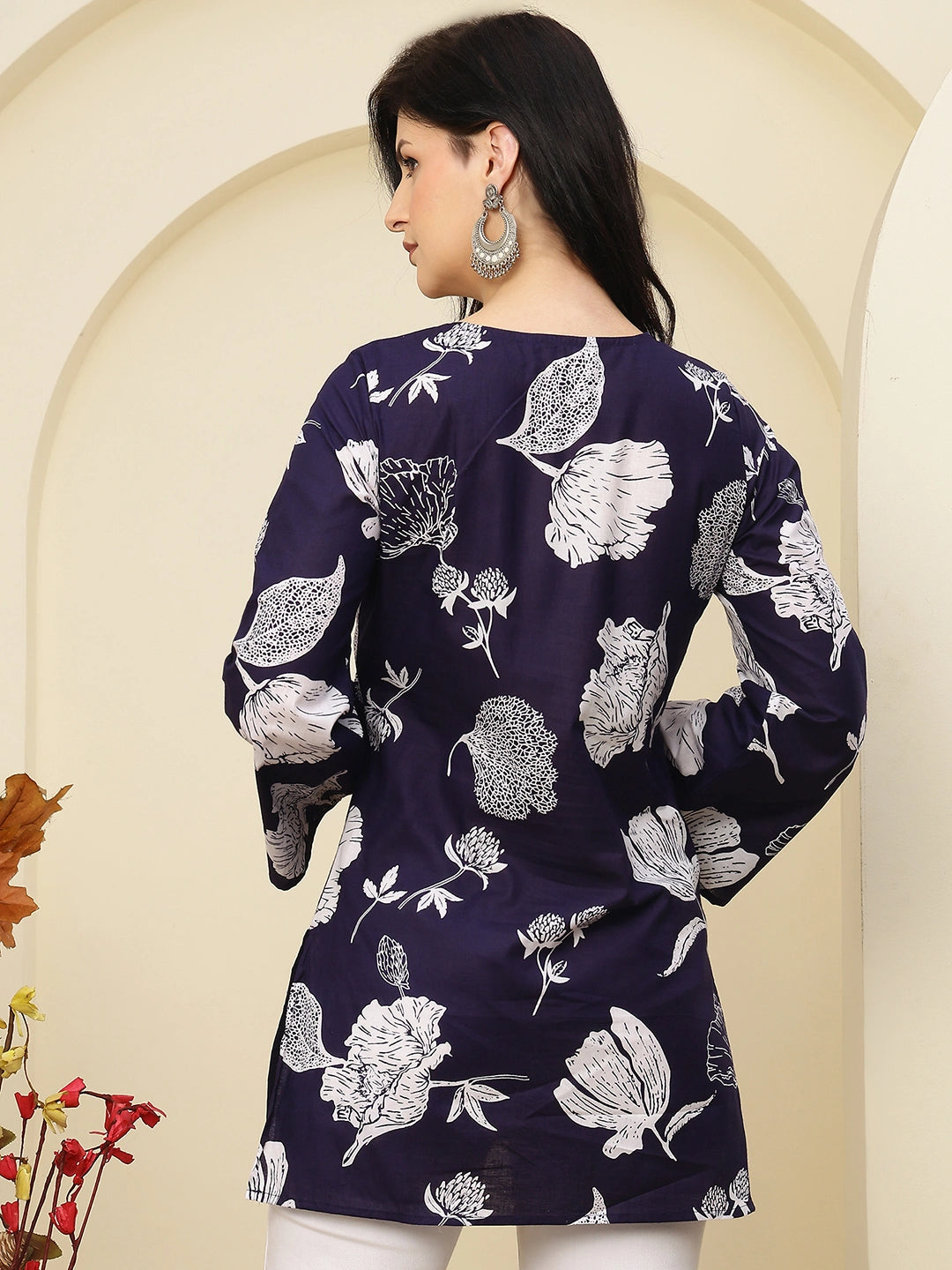Navy Floral Bell Sleeve Pure Cotton Short Kurti