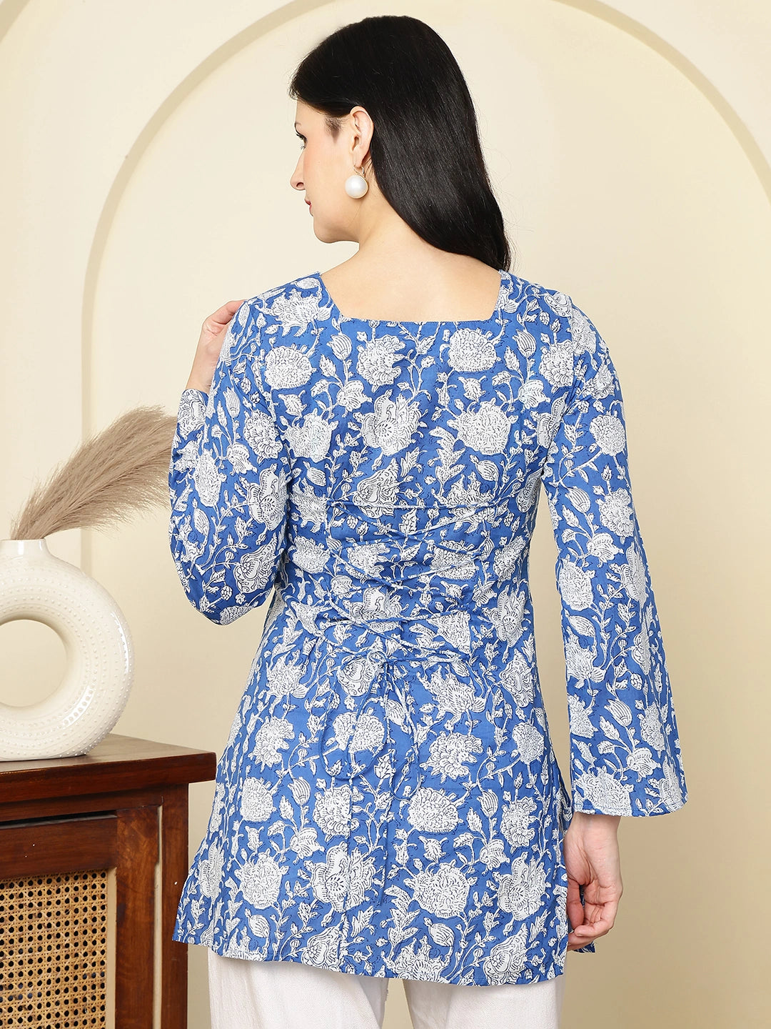 Cobalt Blue Floral Printed  A-Line Pure Cotton Short Kurti
