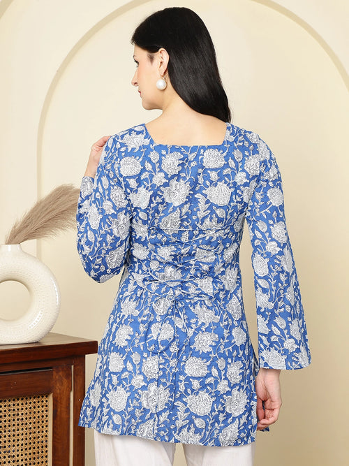 Cobalt Blue Floral Printed  A-Line Pure Cotton Short Kurti