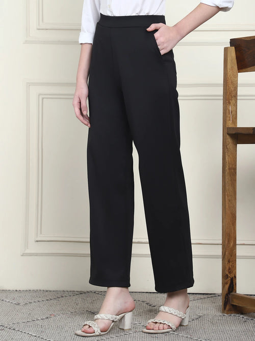 Frempy Women's High-Rise Relaxed Straight Leg Formal Trousers - Black