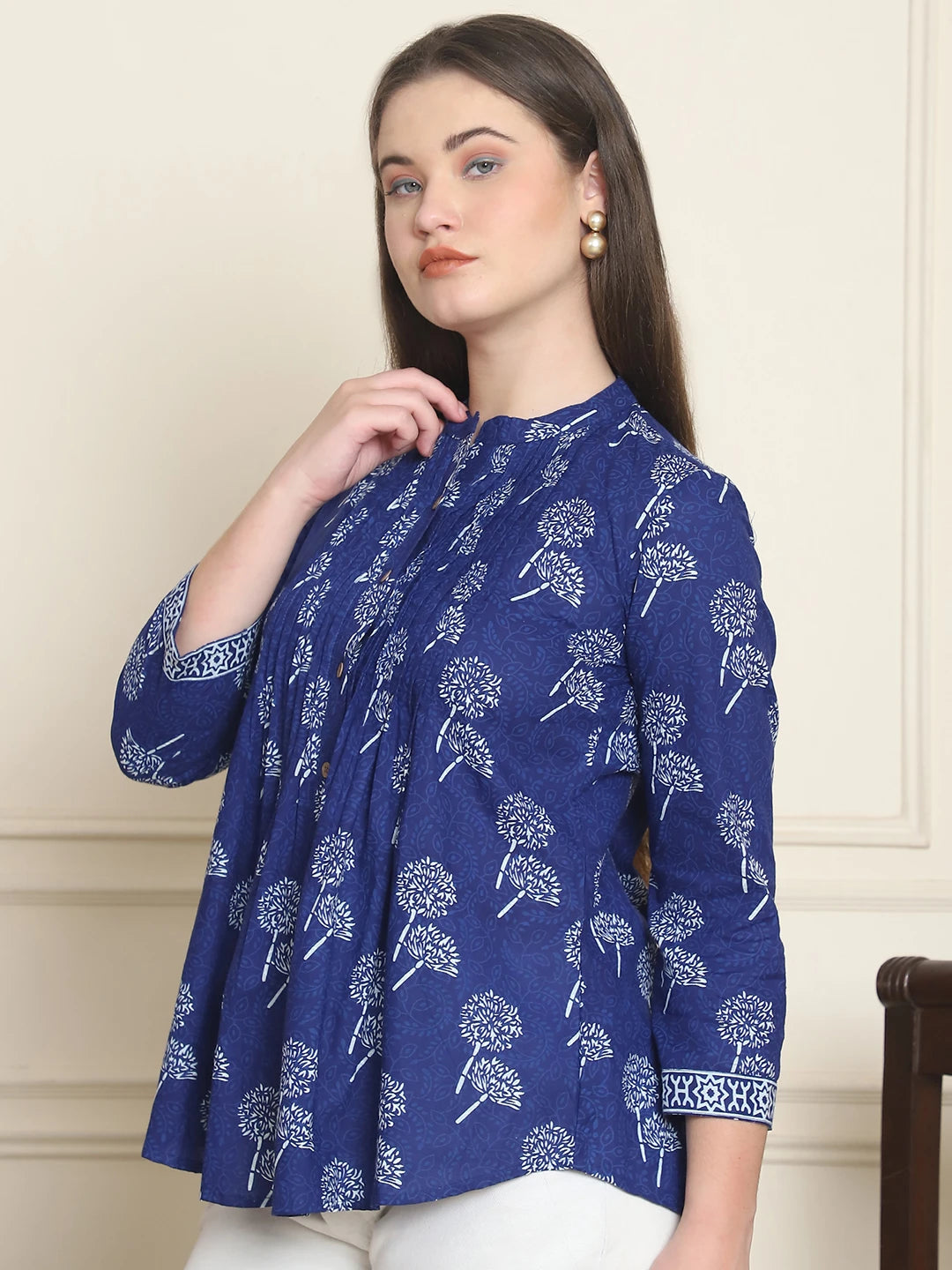 Frempy Women Blue Floral Printed Pure Cotton Top