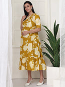 Frempy Women Yellow Floral Printed  Maternity Dress