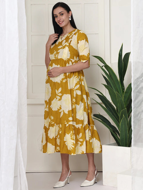 Frempy Women Yellow Floral Printed  Maternity Dress