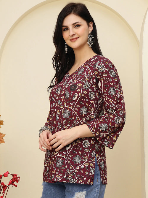 Maroon Floral Printed V-Neck Pure Cotton Short Kurti