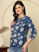 Navy Blue Floral Buttoned Mandarin Collar Cotton Top