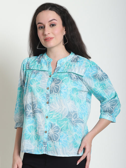 Turquoise Blue Floral Pure Cotton Top