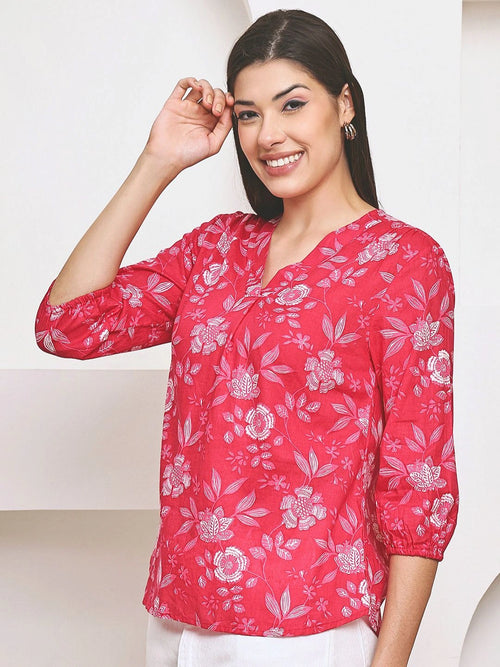 Frempy Women Pink Floral Printed Pure Cotton Top