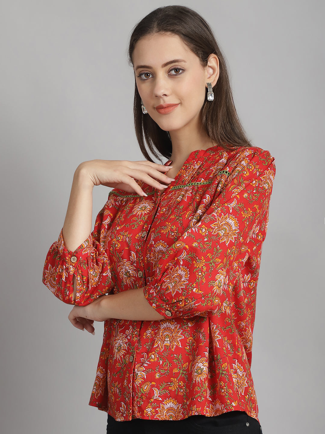 Red Floral Printed Floral Pure Cotton Top