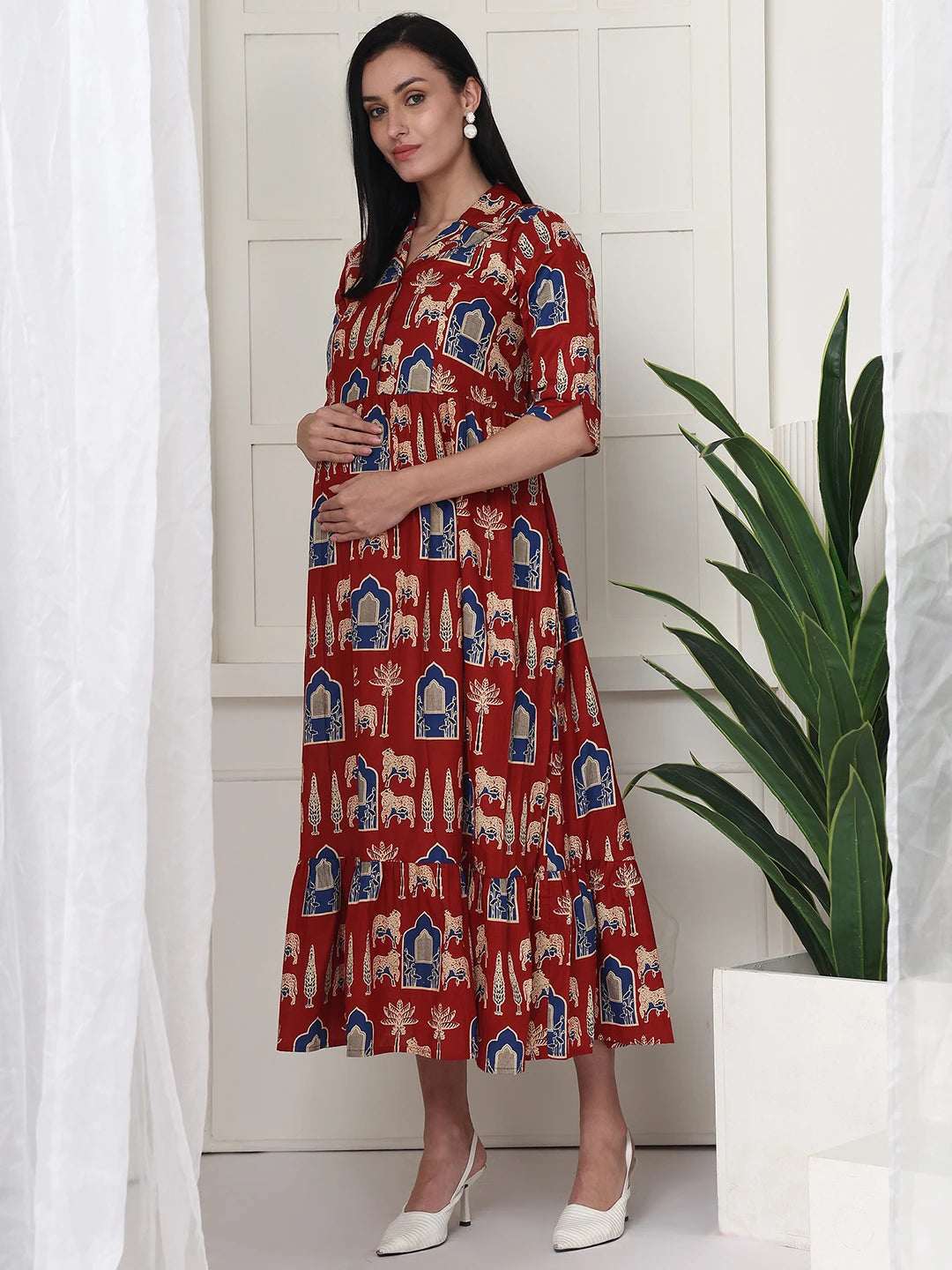 Frempy Women Fit and Flare Maroon Printed Maxi/Full Length Maternity Dress
