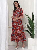 Frempy Women Fit and Flare Maroon Printed Maxi/Full Length Maternity Dress